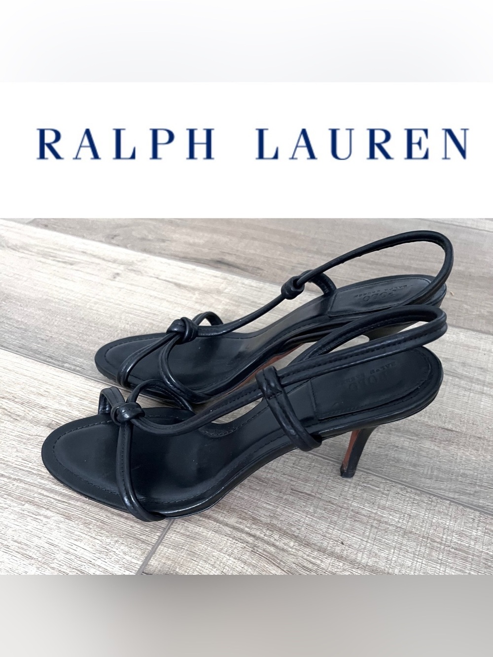 Ralph Lauren Women's Black Knotted Strap Stiletto High Heel Sandals, 9